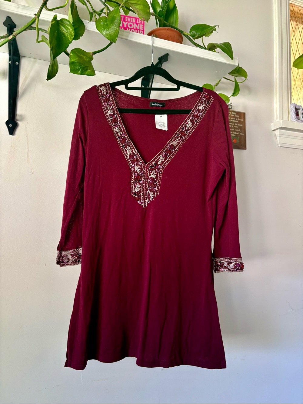 le chateau Burgundy V-Neck Embroidered Tunic